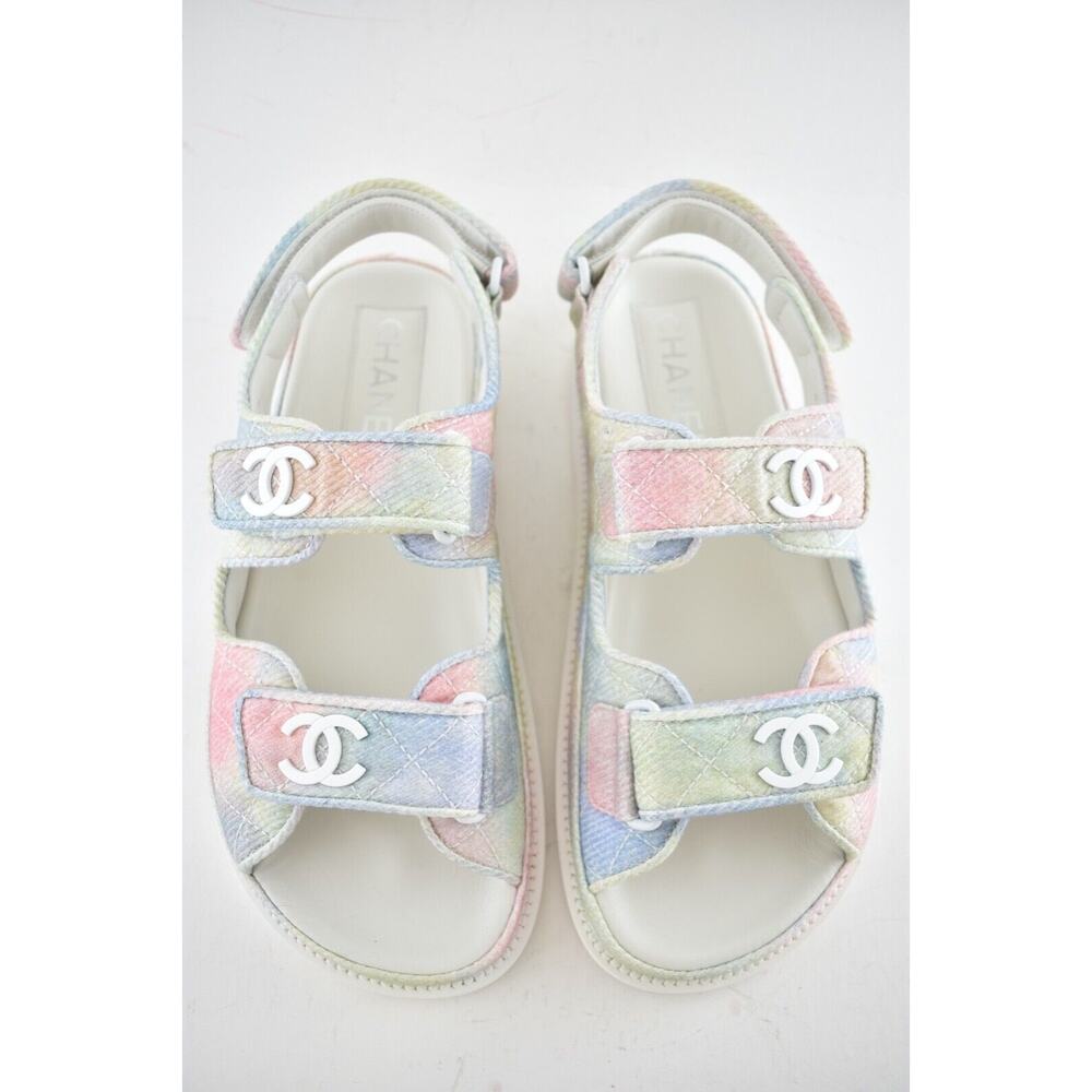 Chanel 22C Green Pink Blue White CC Logo Mule Slide Strap Flat Dad Sandal 35 - Picture 8 of 12